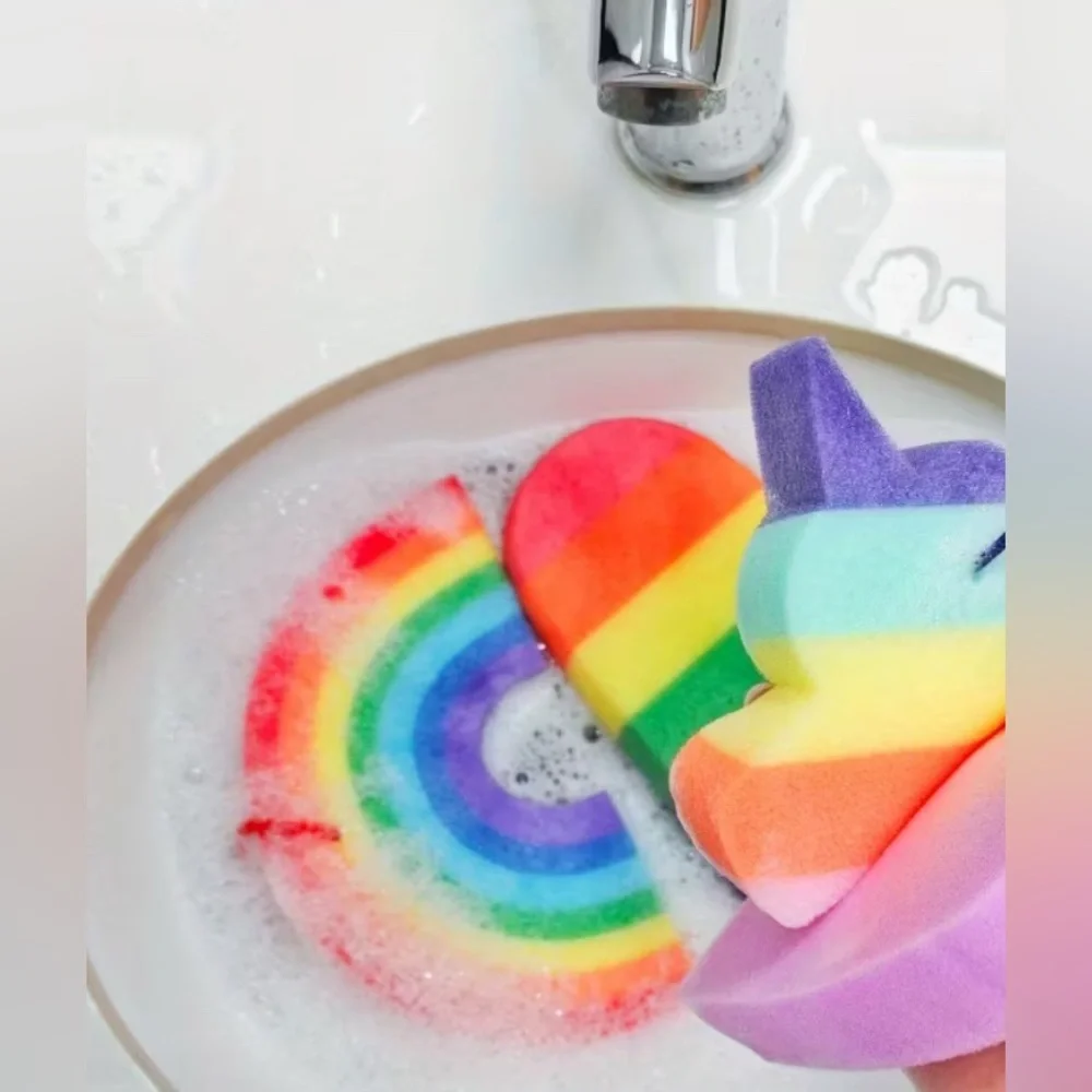 Rainbow Popsicle Shaped Sponge with rope and wooden handle kitchen or bath